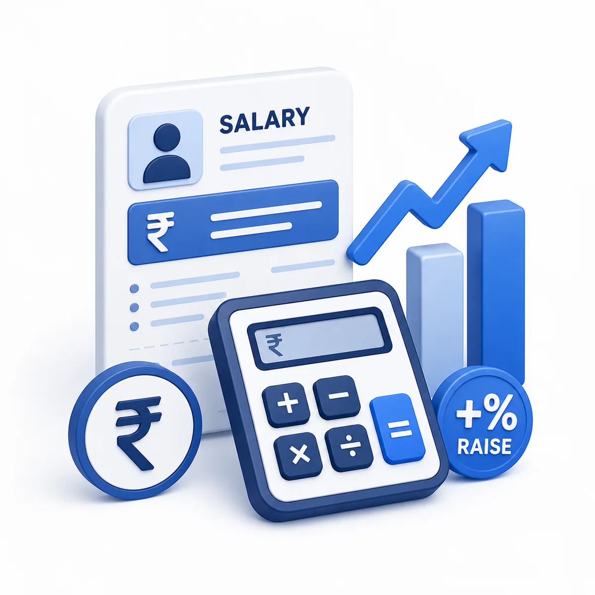 3D illustration for the Salary Increase Calculator with a salary document, raise percentage, growth chart, rupee coin, and calculator.