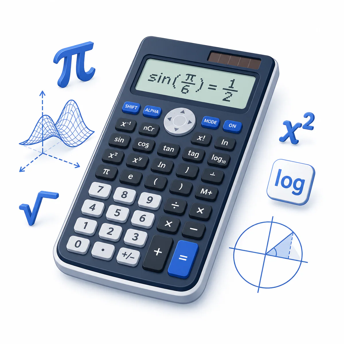 3D illustration for the Scientific Calculator with a scientific keypad, pi, square root, logarithm, graph, and geometry symbols.