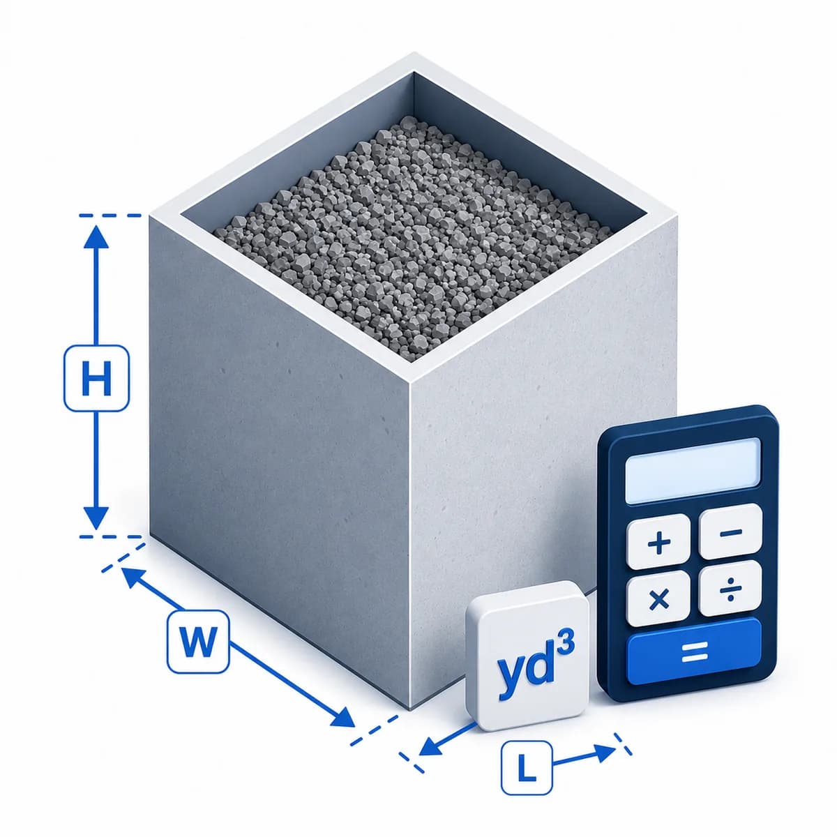 3D illustration for the Stone Calculator with a measured stone container, height, width, length labels, and calculator.