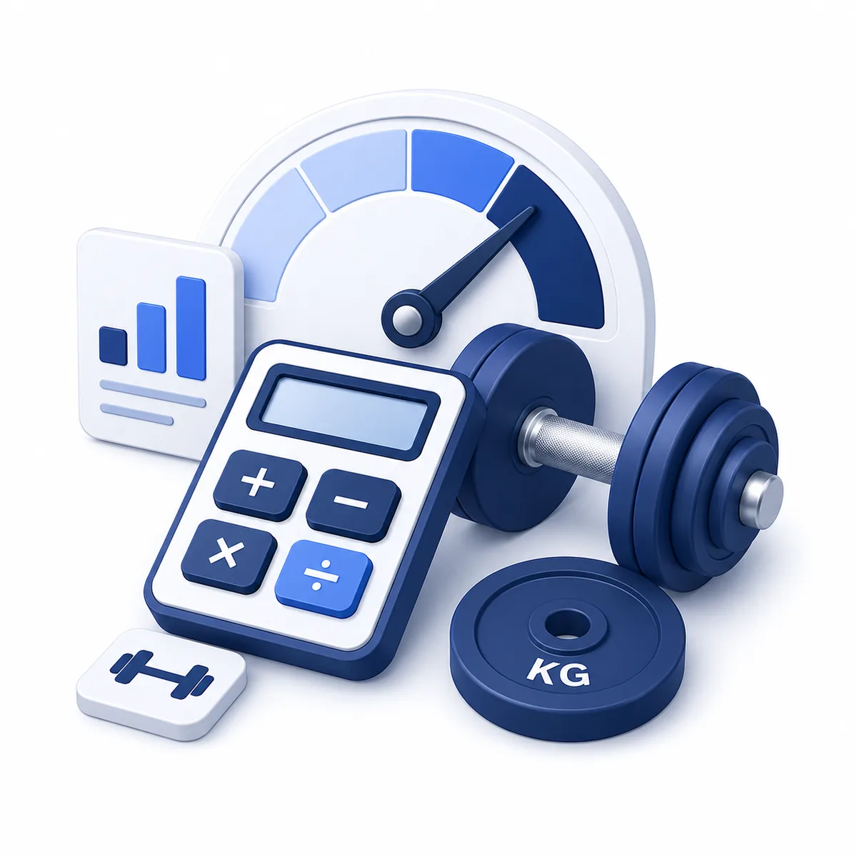3D illustration for the Strength Calculator with a barbell, weight plate, strength gauge, progress chart, and calculator.