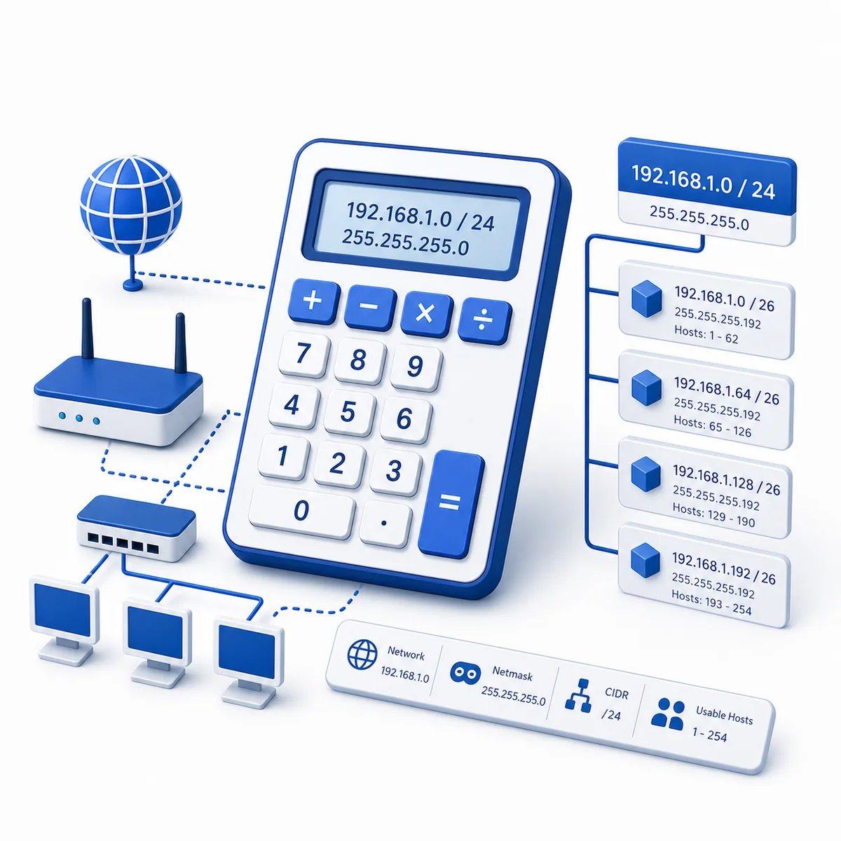 3D illustration for the Subnet and IP Address Calculator with network nodes, router, CIDR cards, and calculator.