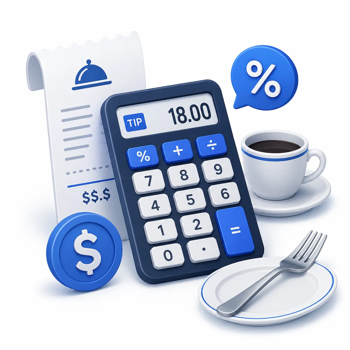 3D illustration for the Tip Calculator with a restaurant receipt, tip amount, percent bubble, coin, plate, coffee cup, and calculator.