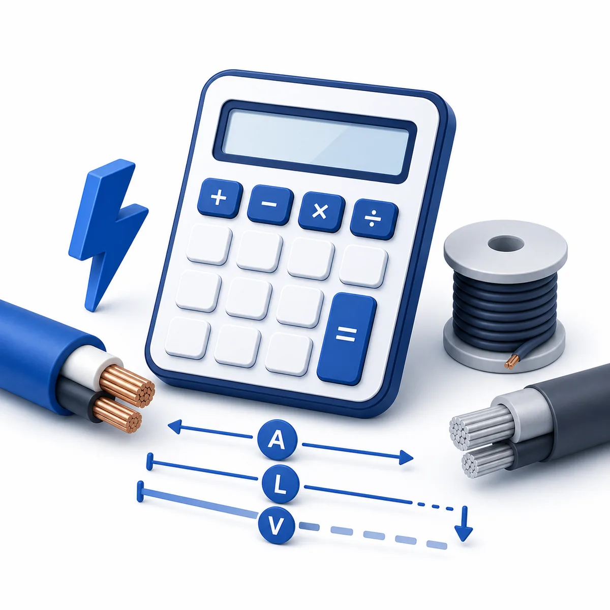 3D illustration for the Voltage Drop Calculator with a calculator, conductors, and electrical measurement symbols.