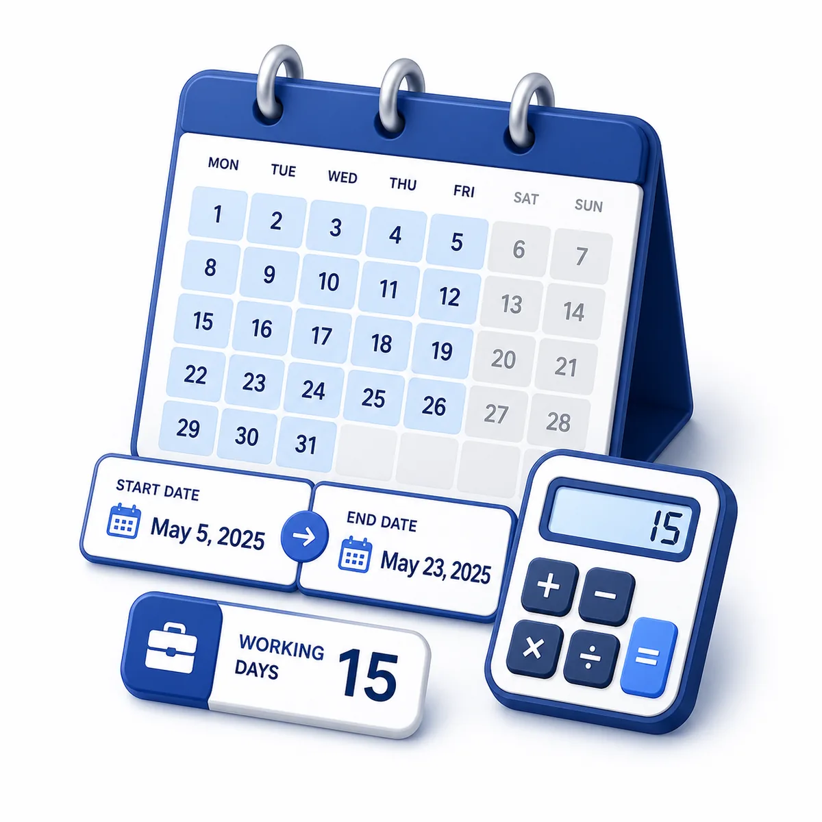 3D illustration for the Working Dates Calculator with a calendar, start and end dates, working days result, and calculator.