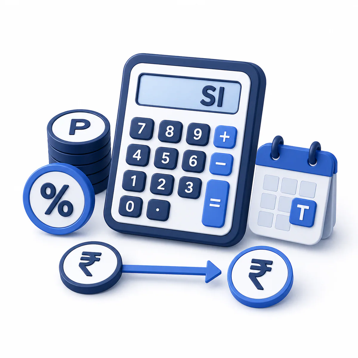 APR Calculator illustration 3D illustration for the APR Calculator with principal, interest, time, percentage, currency symbols, and calculator.