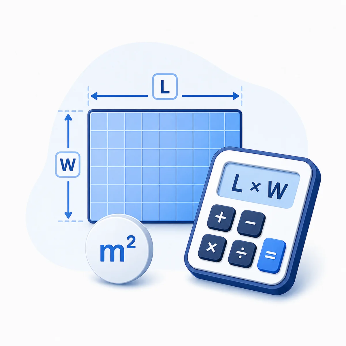 Area Calculator illustration 3D illustration for the Area Calculator with a measured rectangle, length and width markers, square meter label, and calculator.
