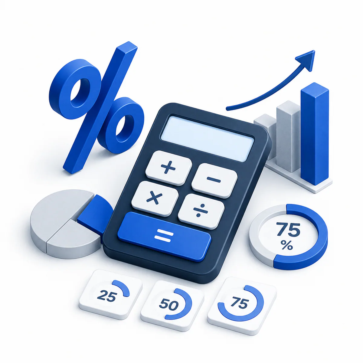 CAGR Calculator illustration 3D illustration for the CAGR Calculator with a percentage symbol, growth bars, trend arrow, pie chart, and calculator.