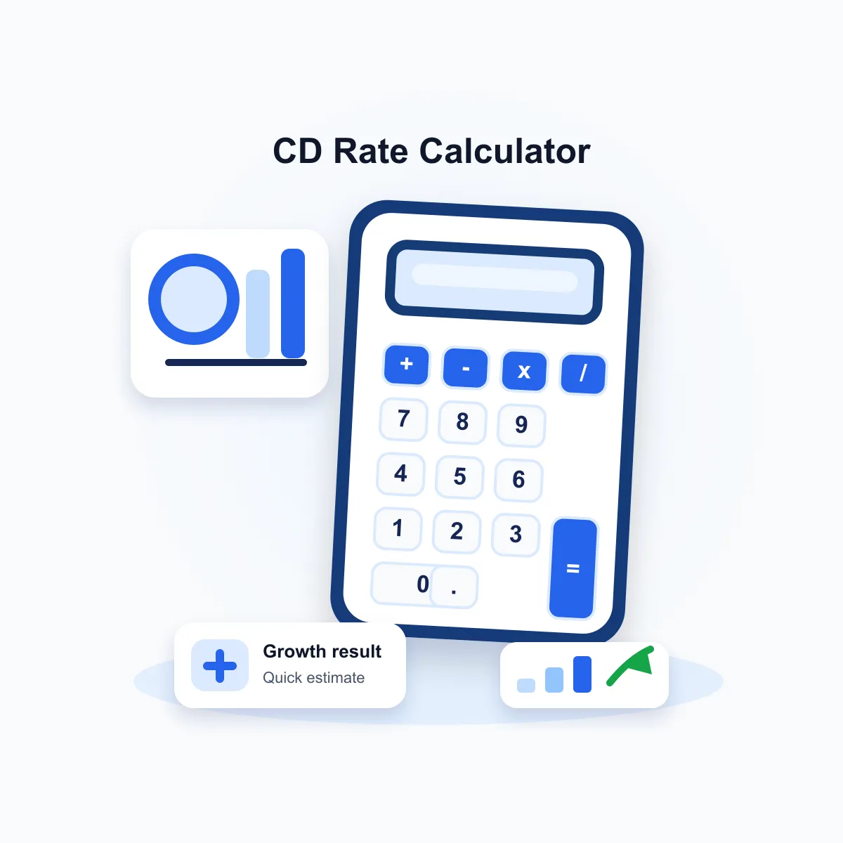 CD Rate Calculator illustration 3D-style illustration for the CD Rate Calculator with deposit certificate, target maturity amount, percent marker, and calculator.