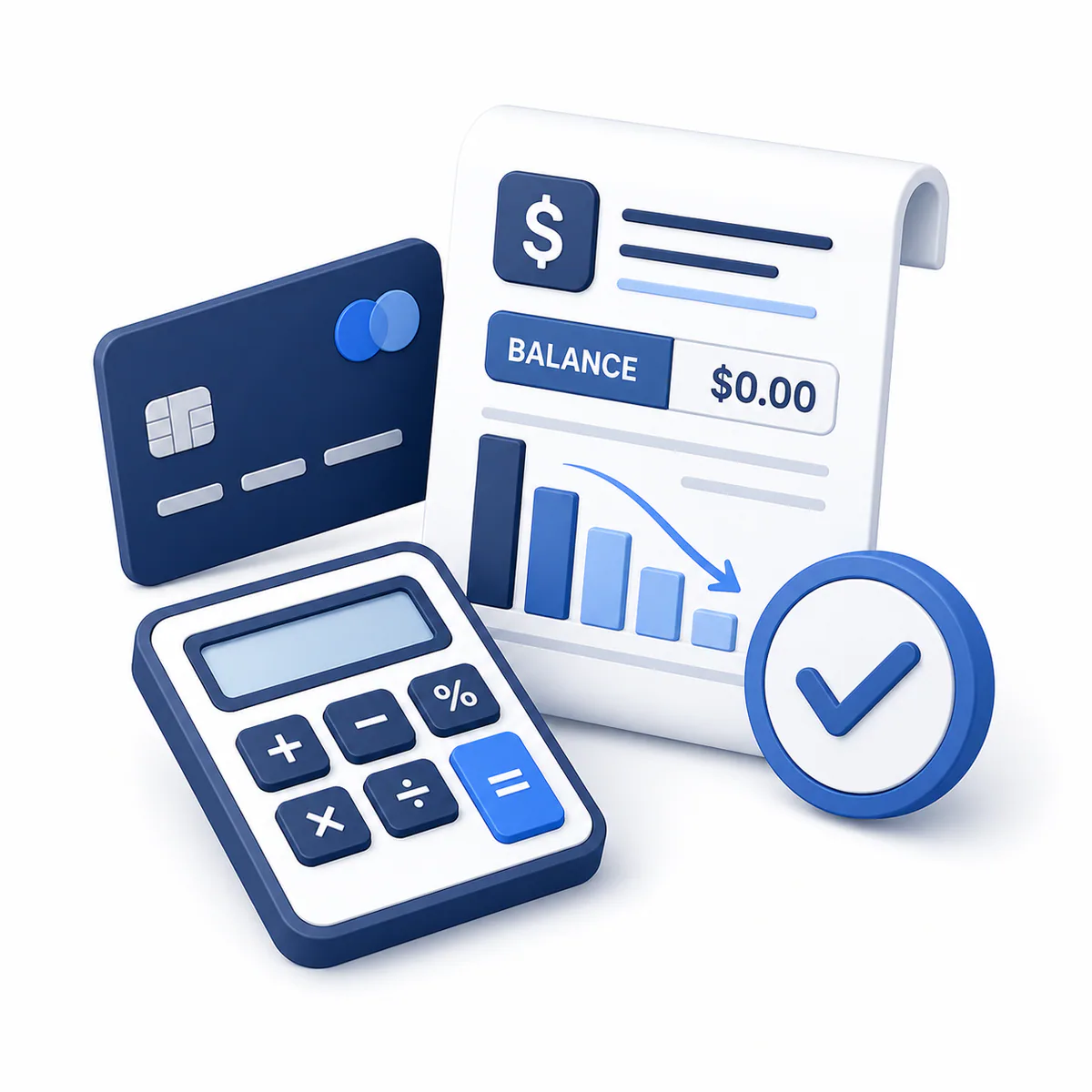 Debt-to-Income Ratio Calculator illustration 3D illustration for the Debt-to-Income Ratio Calculator with balance statement, income and debt chart, check mark, and calculator.