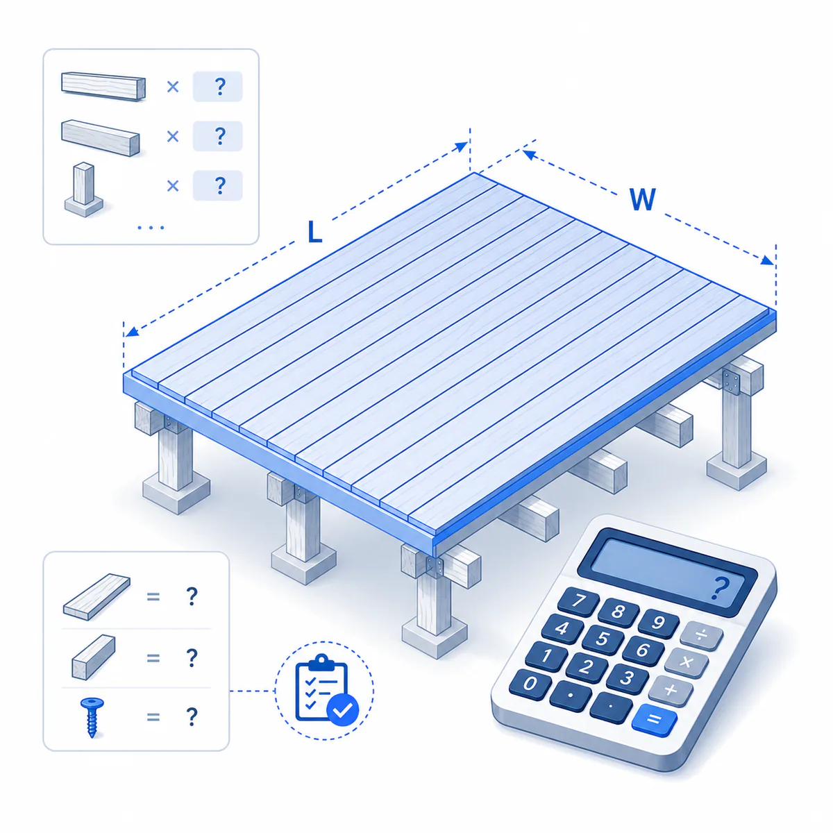 Deck Calculator illustration 3D illustration for the Deck Calculator with a framed deck, board layout, length and width guides, and calculator.
