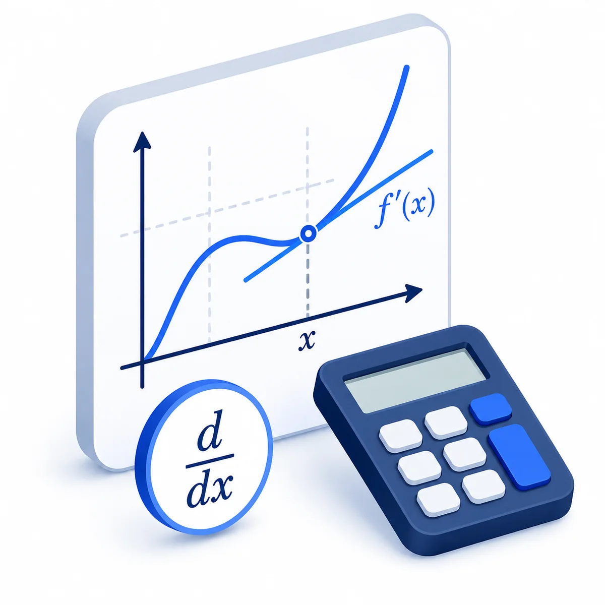 Derivative Calculator illustration 3D illustration for the Derivative Calculator with a curve, tangent line, derivative notation, x-axis, and calculator.