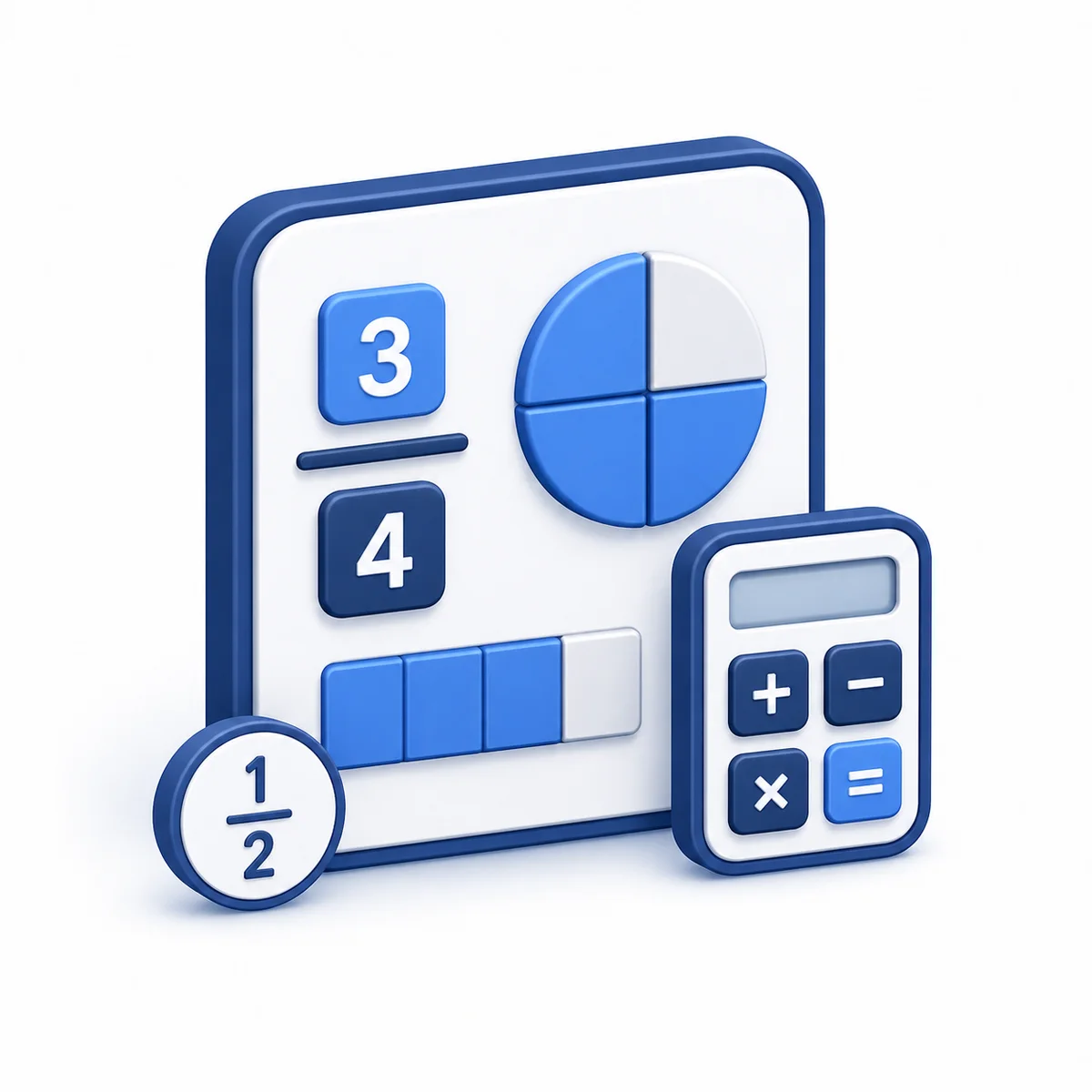 Factor Calculator illustration 3D illustration for the Factor Calculator with fraction tiles, part-whole chart, numeric blocks, and calculator.