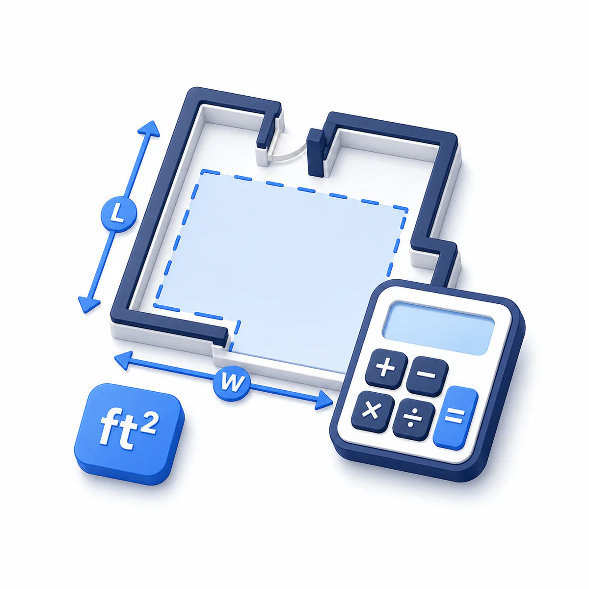 Flooring Calculator illustration 3D illustration for the Flooring Calculator with a measured room floor plan, length and width markers, square-foot tile, and calculator.