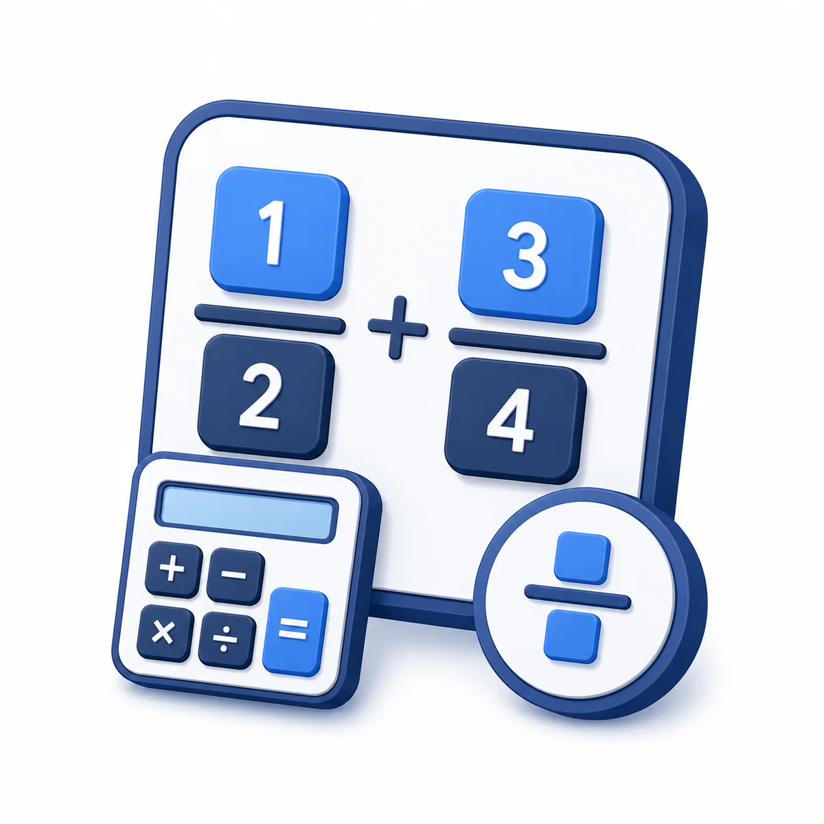 Fraction Calculator illustration 3D illustration for the Fraction Calculator with one-half and three-fourths tiles, fraction bar, pie chart, and calculator.