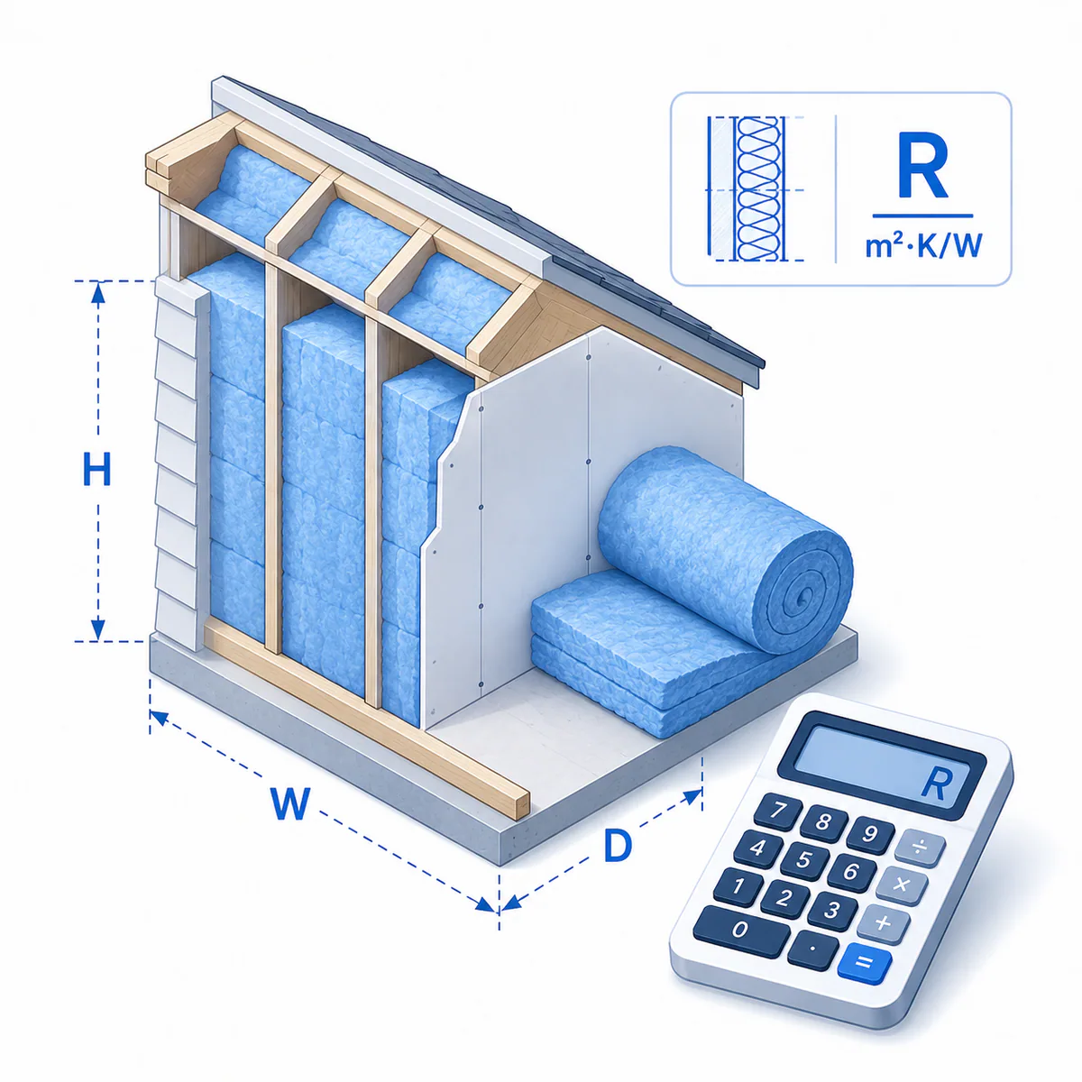 Insulation Calculator illustration 3D illustration for the Insulation Calculator with wall framing, insulation batts, R-value formula, dimension guides, and calculator.