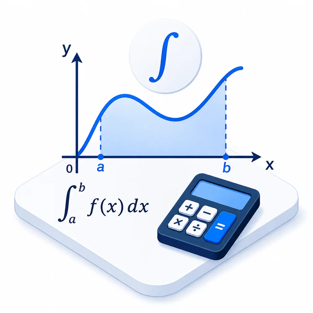 Integral Calculator illustration 3D illustration for the Integral Calculator with shaded area under a curve, bounds a and b, integral notation, and calculator.