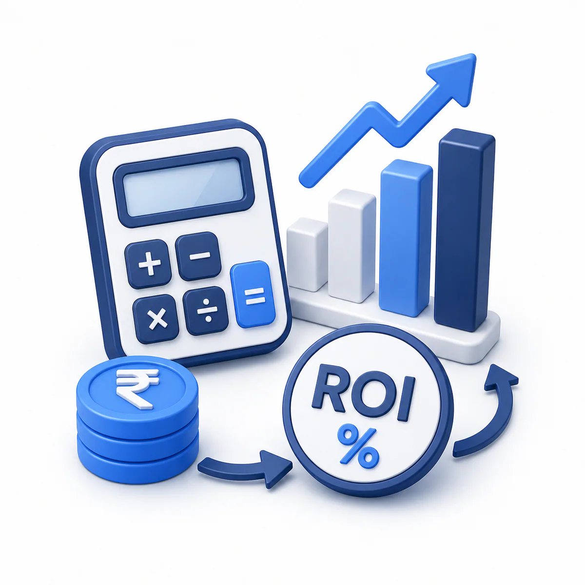 Investment Return Calculator illustration 3D illustration for the Investment Return Calculator with coin stacks, ROI symbol, calculator, and upward growth chart.