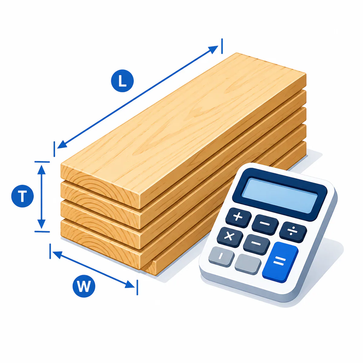 Lumber Calculator illustration 3D illustration for the Lumber Calculator with stacked boards, length, width and thickness markers, and calculator.