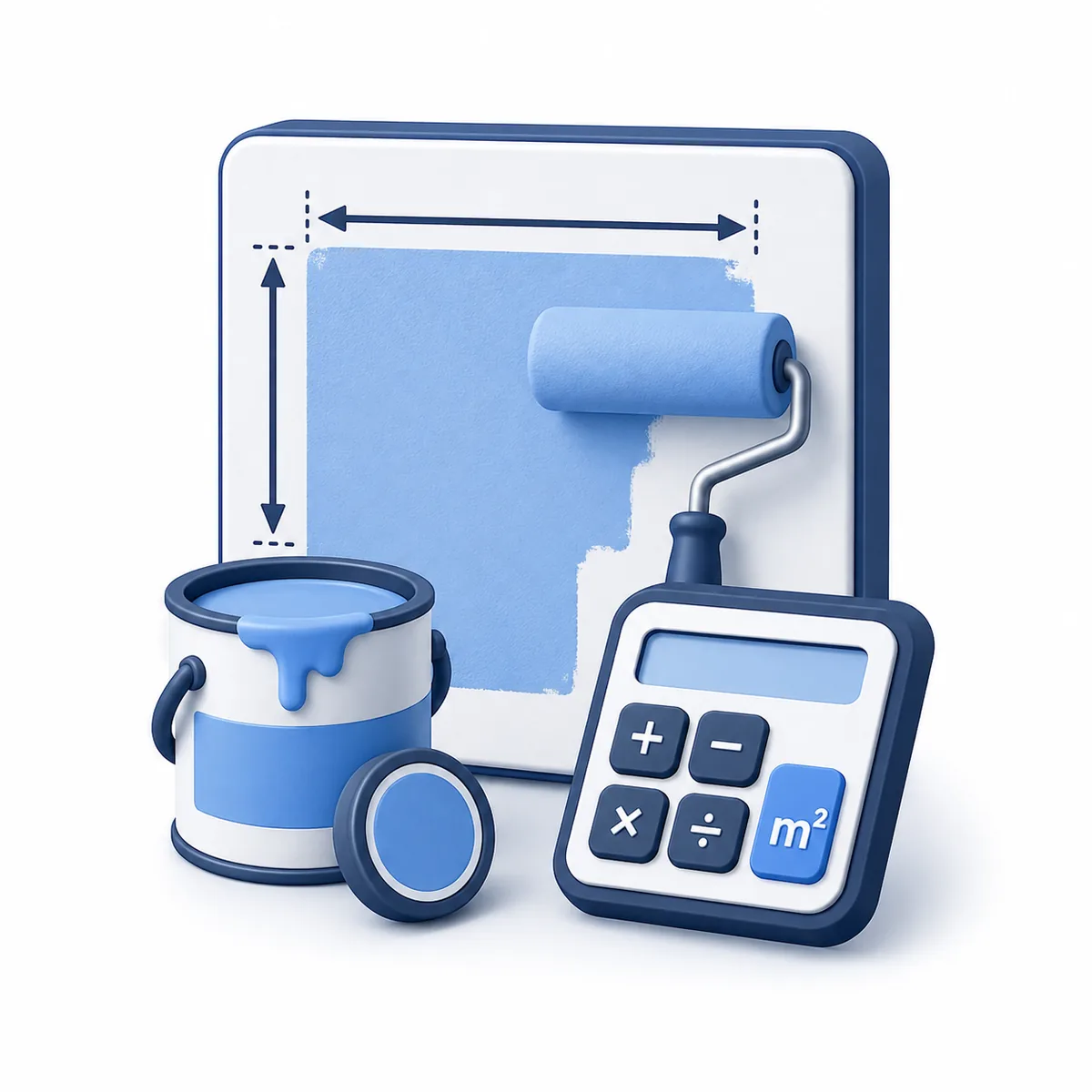 Paint Calculator illustration 3D illustration for the Paint Calculator with a paint roller, wall dimensions, paint can, square-meter marker, and calculator.