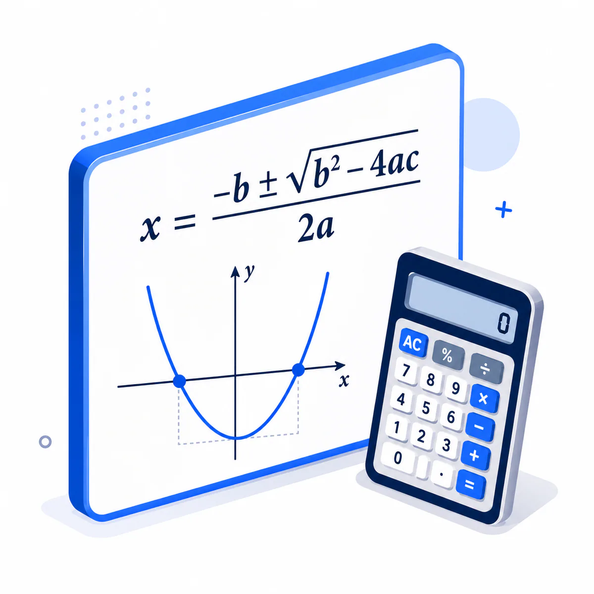 Quadratic Formula Calculator illustration 3D illustration for the Quadratic Formula Calculator with a parabola, quadratic formula, coordinate axes, and calculator.