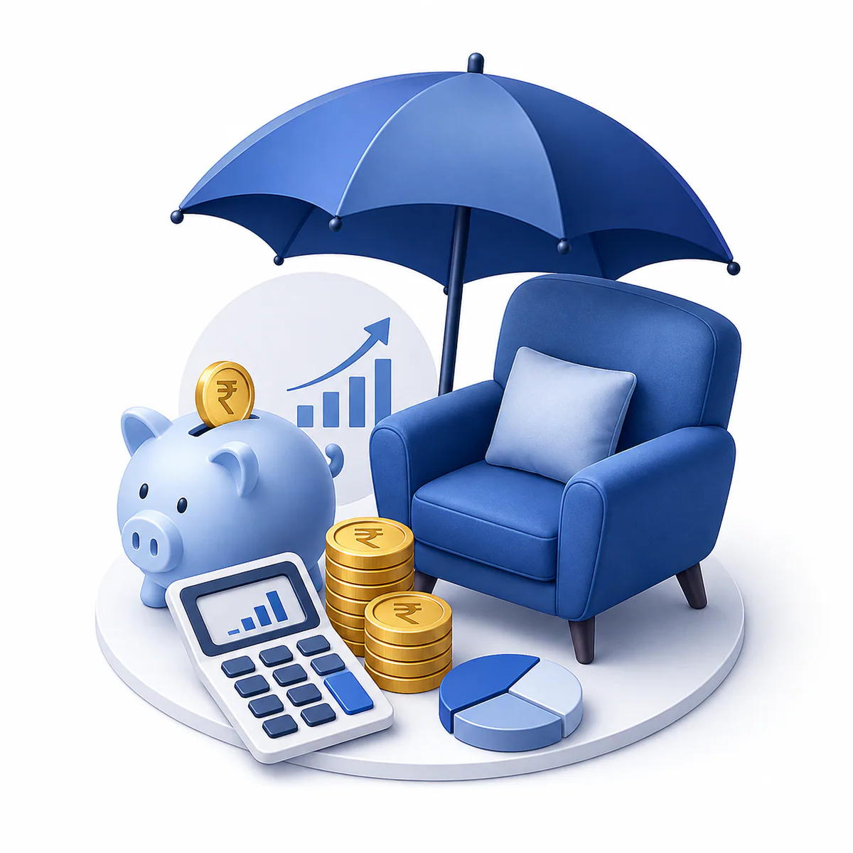 Retirement Calculator illustration 3D illustration for the Retirement Calculator with an umbrella, armchair, piggy bank, coin stacks, and growth chart.