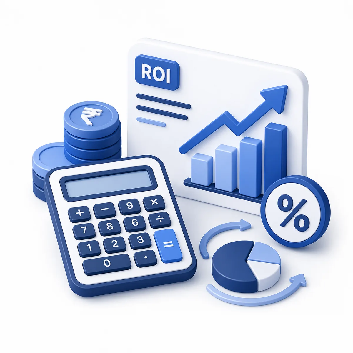 ROI Calculator illustration 3D illustration for the ROI Calculator with an ROI dashboard, growth chart, coin stacks, percent symbol, and calculator.