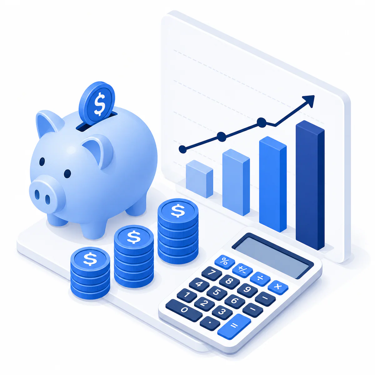 Savings Calculator illustration 3D illustration for the Savings Calculator with a piggy bank, growing coin stacks, bar chart, and calculator.