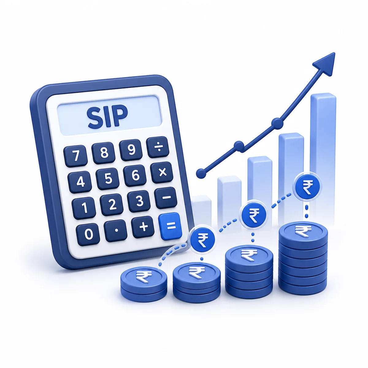 SIP Calculator illustration 3D illustration for the SIP Calculator with rupee coin stacks, monthly investment growth chart, and calculator.