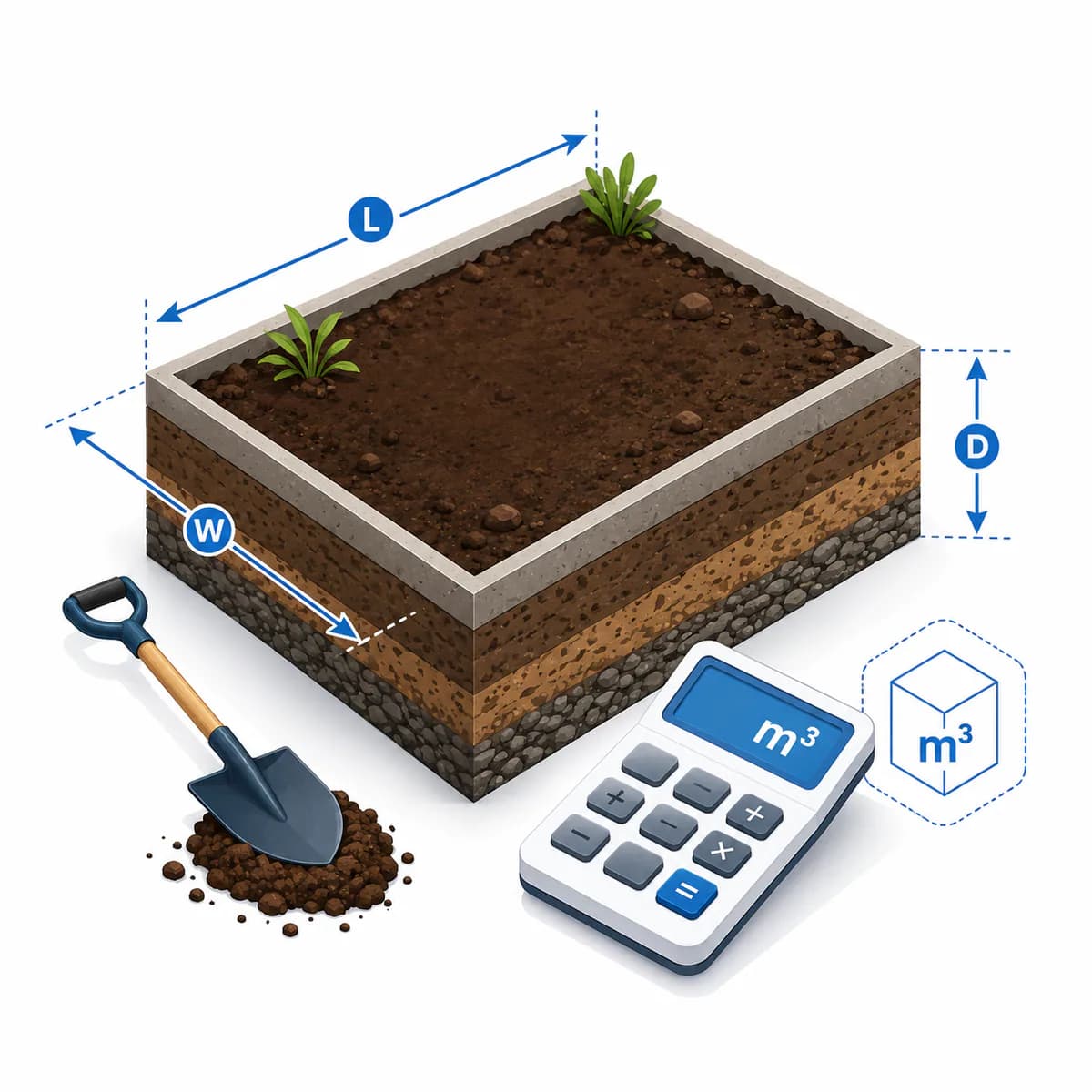 Soil Calculator illustration 3D illustration for the Soil Calculator with a layered garden bed, length, width and depth markers, shovel, and calculator.