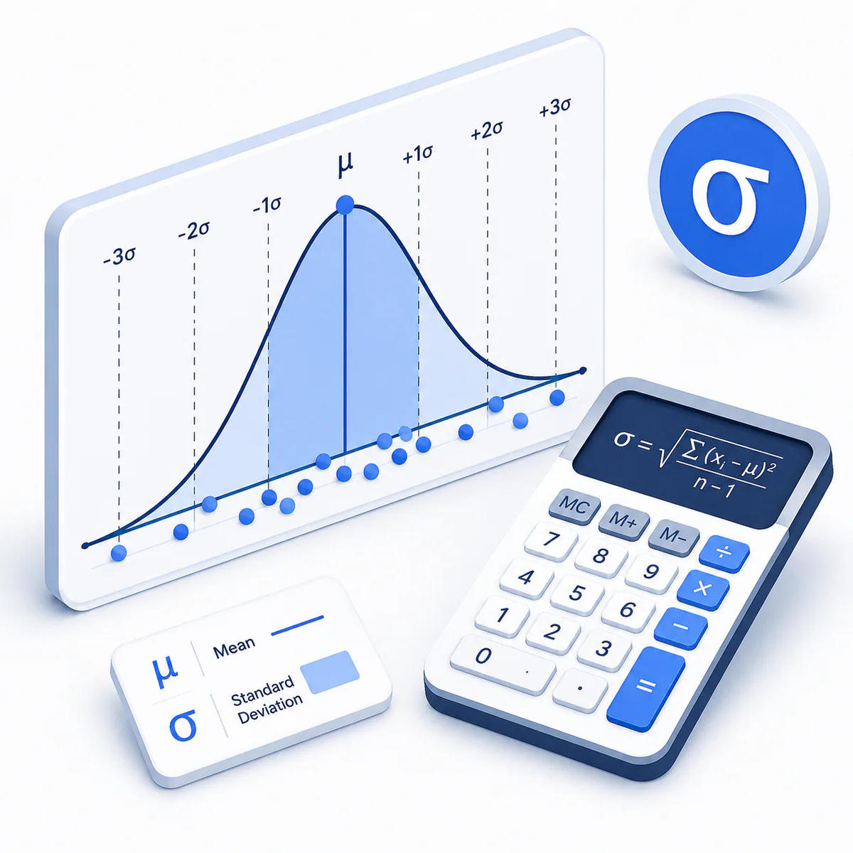 Standard Deviation Calculator illustration 3D illustration for the Standard Deviation Calculator with a bell curve, sigma symbol, data points, chart, and calculator.