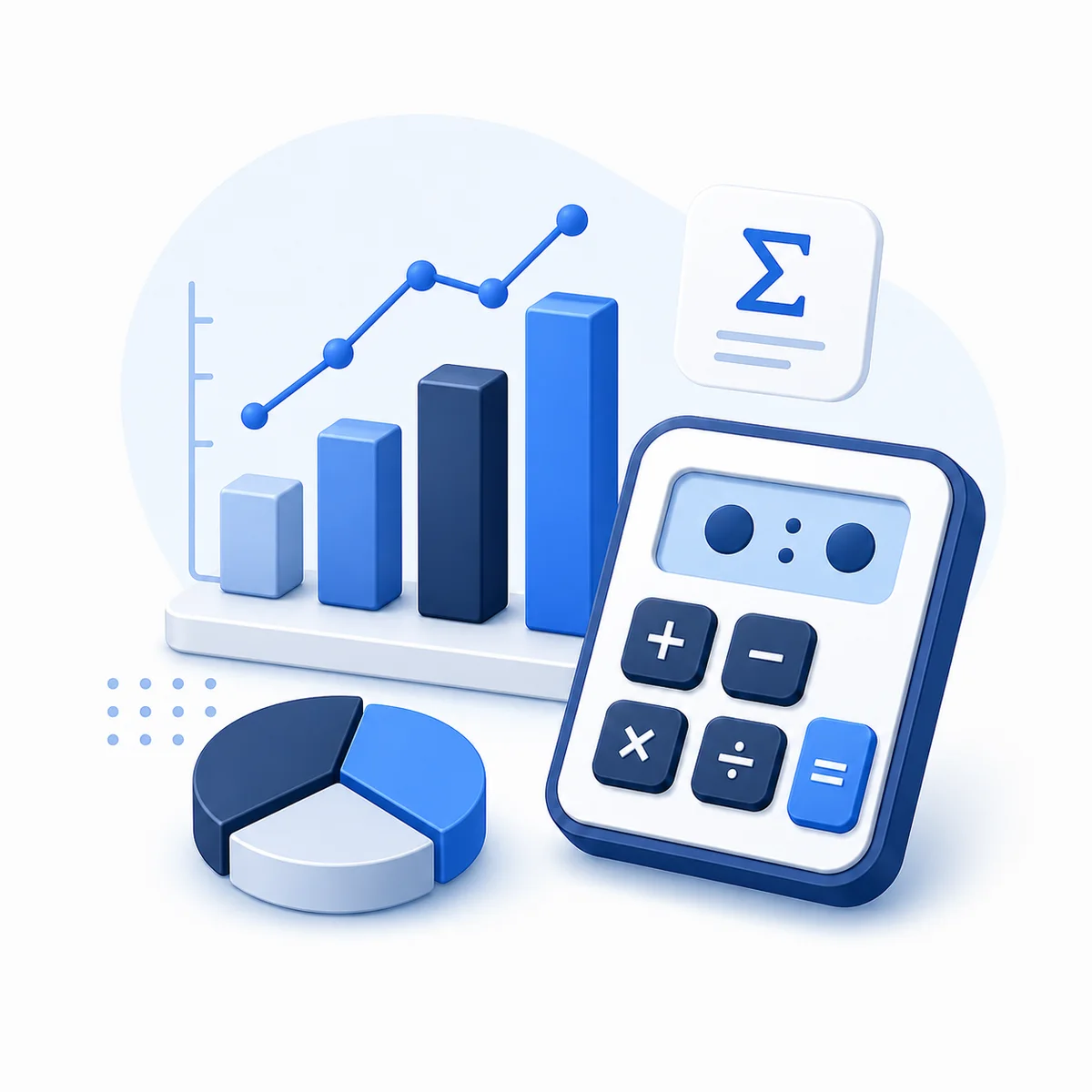 Statistics Calculator illustration 3D illustration for the Statistics Calculator with bar chart, line chart, pie chart, summation symbol, and calculator.