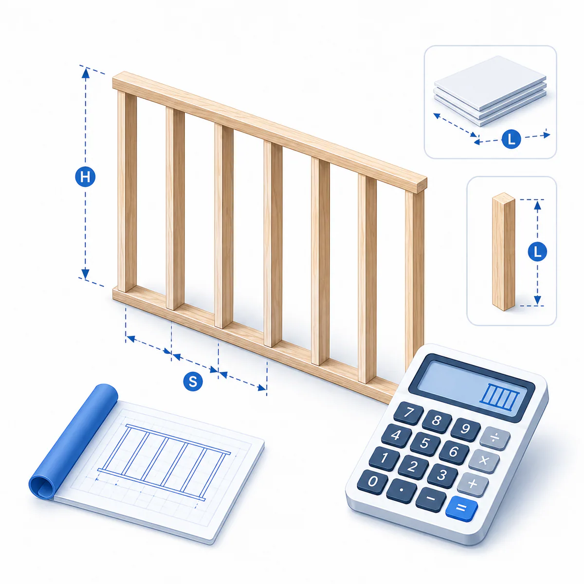 Stud Wall Calculator illustration 3D illustration for the Stud Wall Calculator with framed wall studs, spacing guides, plan sheet, and calculator.