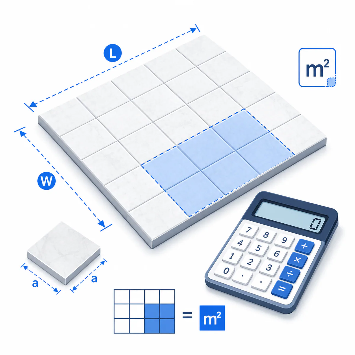 Tile Calculator illustration 3D illustration for the Tile Calculator with a measured tiled surface, length and width guides, square-unit result, and calculator.