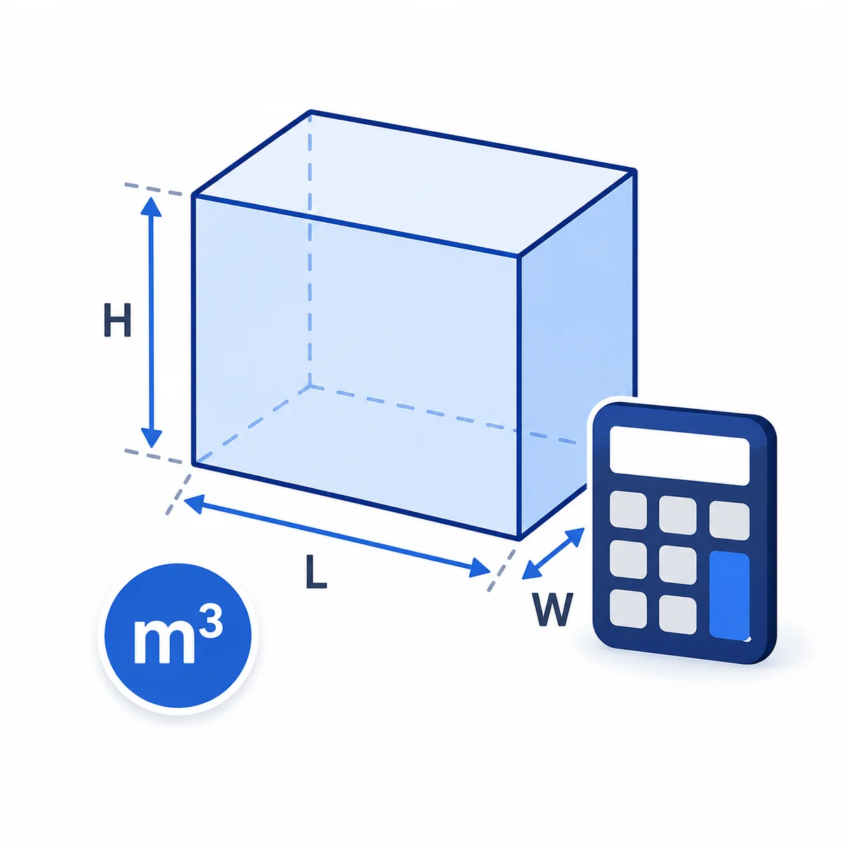 Volume Calculator illustration 3D illustration for the Volume Calculator with a measured rectangular prism, length width height labels, cubic meter marker, and calculator.